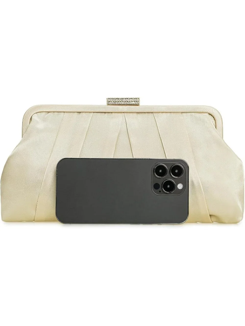 Womens Light Gold Classic Pleated Satin Clutch Purse Diamante Formal Evening Bag